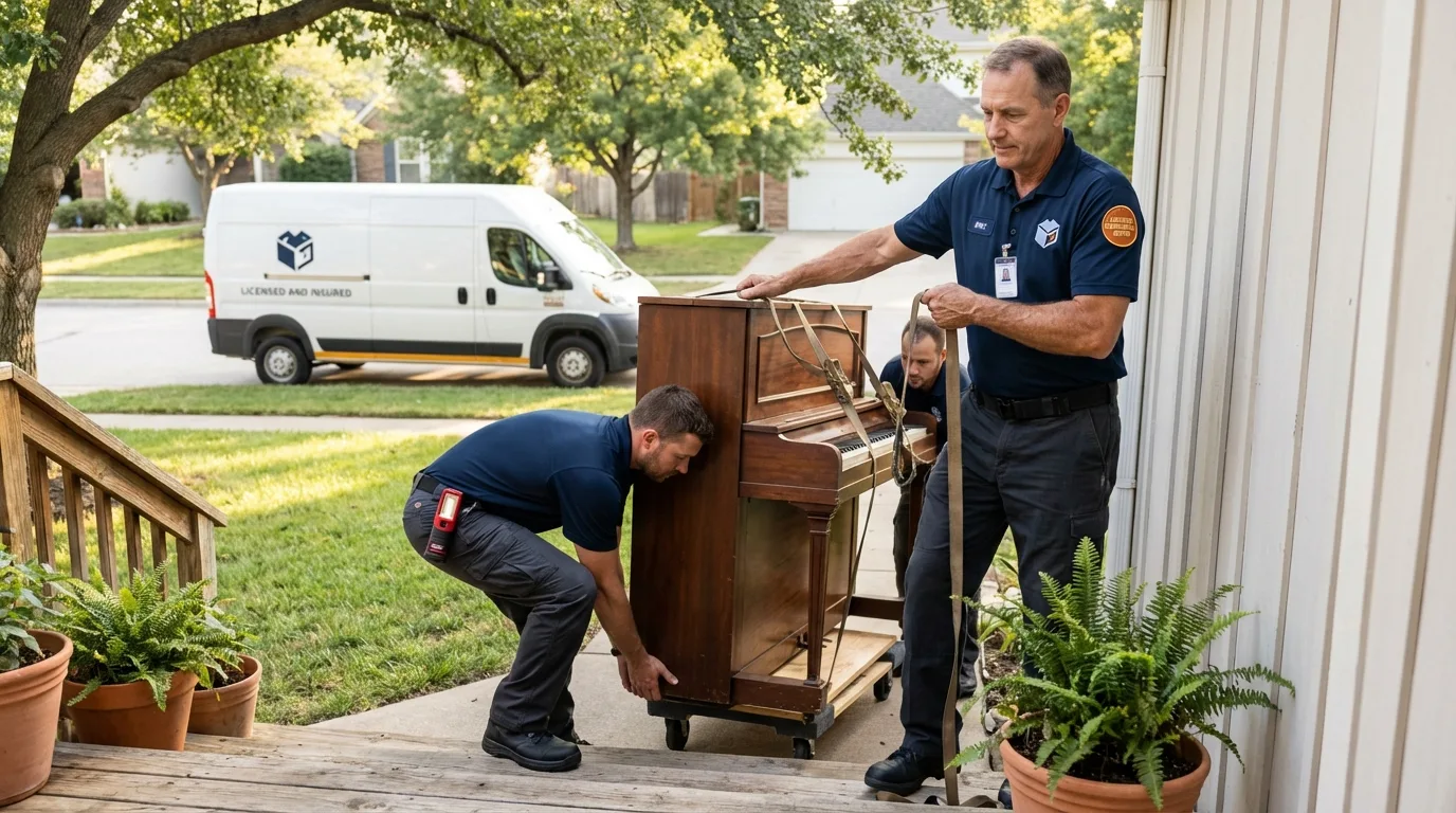 Licensed piano movers securing grand piano in Poulsbo, WA