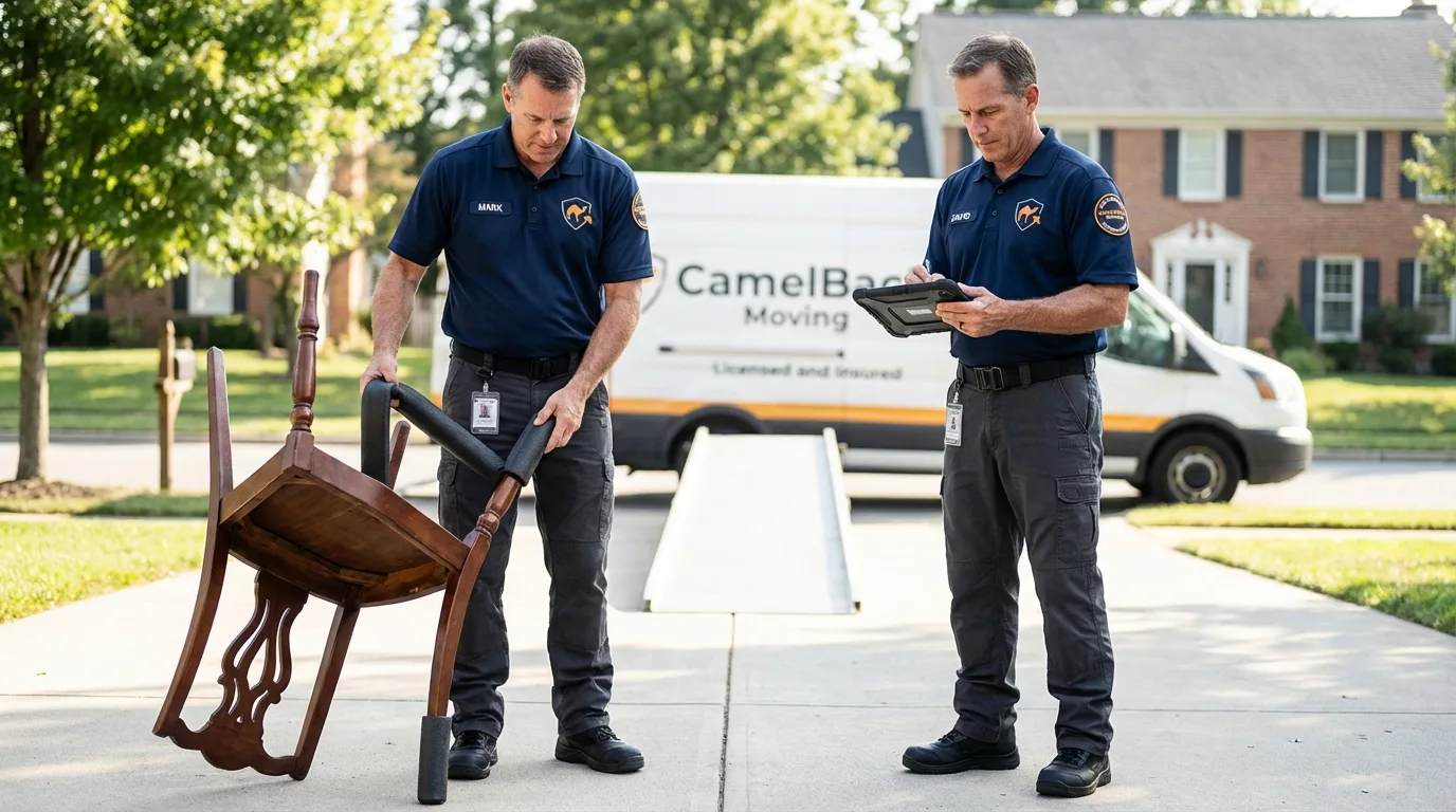 Movers inspecting furniture for damage prevention before loading in Poulsbo, WA